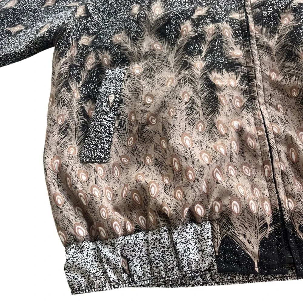 Valentina OS Black Tan Metallic, Peacock Ostrich Feather Print Bomber Jacket VTG